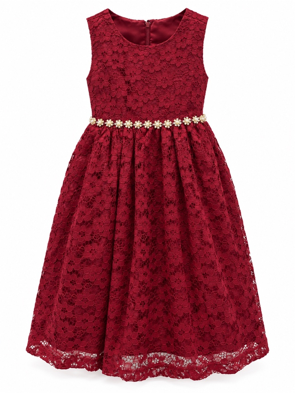 American Princess Burgundy Lace Formal Dress with Pearl Flower Belt